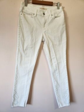 Levi's 711 White Skinny Ankle Jeans White Rivet Details Raw Hem Mid Rise Size 29